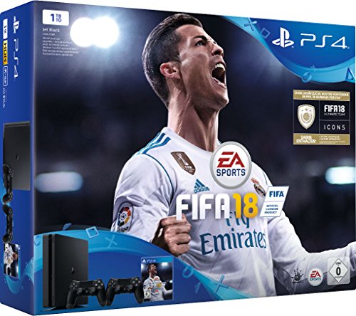  - PlayStation 4 - Konsole (1TB, schwarz, slim) inkl. FIFA 18 + 2 DualShock Controller