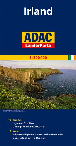 - ADAC Länderkarte Irland 1:300.000: Register: Legende, Citypläne, Ortsregister mit Postleitzahlen. Karte: Sehenswürdigkeiten, Natur- und Nationalparks, landschaftlich schöne Strecken