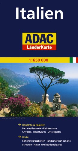  - ADAC Länderkarte Italien 1:650.000: Mit Fernstraßenkarte, Reiseservice, Cityplan Rom, Reiseführer, Ortsregister