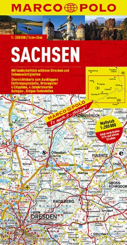 - MARCO POLO Karte Sachsen 1:200.000: Mit landschaftlich schönen Strecken und Sehenswürdigkeiten. Übersichtskarte zum Ausklappen. Entfernungstabelle, Ortsregister, 4 Citypläne, 4 Zufahrtskarten